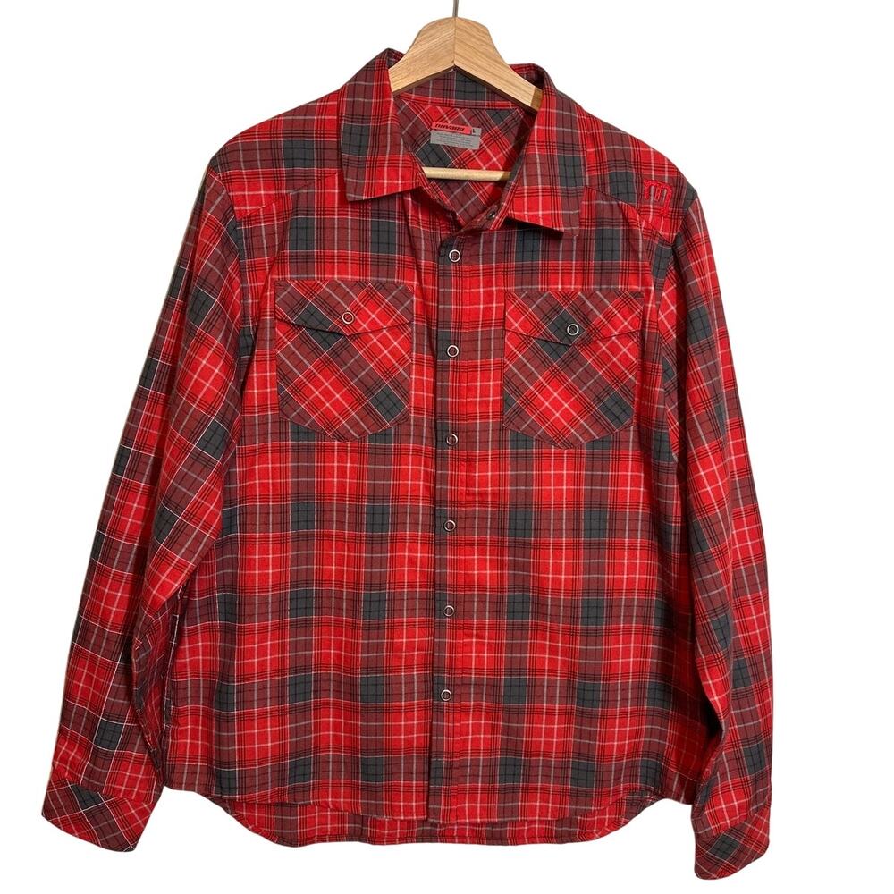 Novara REI Men's Sz L Plaid Cycling Flannel Shirt Red Gray Tech Performance